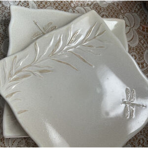 Set 2 Cream Dragonfly Green Gardens by Home Square 8” Salad Side Plate Stoneware